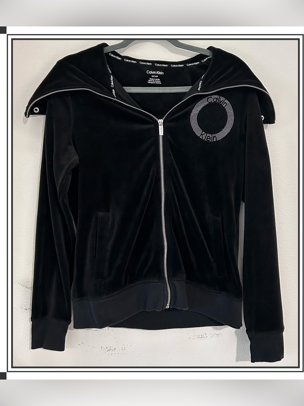 Calvin Klein Velour Rhinestone Logo Full Zip Tracksuit Jacket Blk Sz S Y2K Retro
